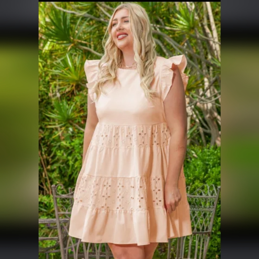 3X Pink Coral Peach Broderie Anglaise Patchwork Tiered Swing Curvy Dress